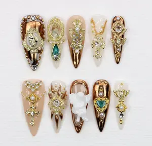 Elegant Cross with Angel Design Long Stiletto Press On Nails Custom Luxury Chrome Aurora Gold Royal Nail Rhinestones