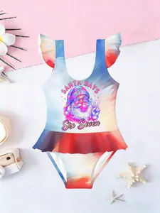 Girls' Gradient Rainbow Santa Claus Print Sleeveless Romper Swimsuit, Casual Summer Beach Vacation Swimwear, Cute Christmas Theme Bathing Suit