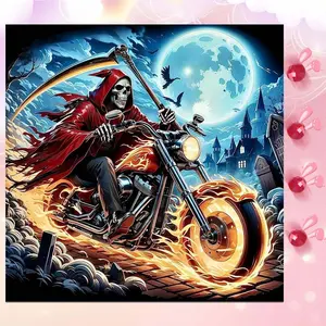 5D DIY Full Diamond Round Diamond Painting - Diamond Art Kit Grim Reaper, Motorcycle, Flame Mosaic, Canvas - DIY Wall Decoration, Home Wall Art, Suitable for Halloween and Christmas, Birthday and Anniversary Gifts