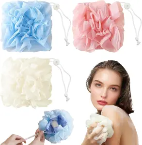 3 Pieces Loofah Washcloth for Bar Soap, Combo 2-in-1 Exfoliating Shower Pouf with Bar Soap Loofah Pouch for Body Wash Pink Beige Blue