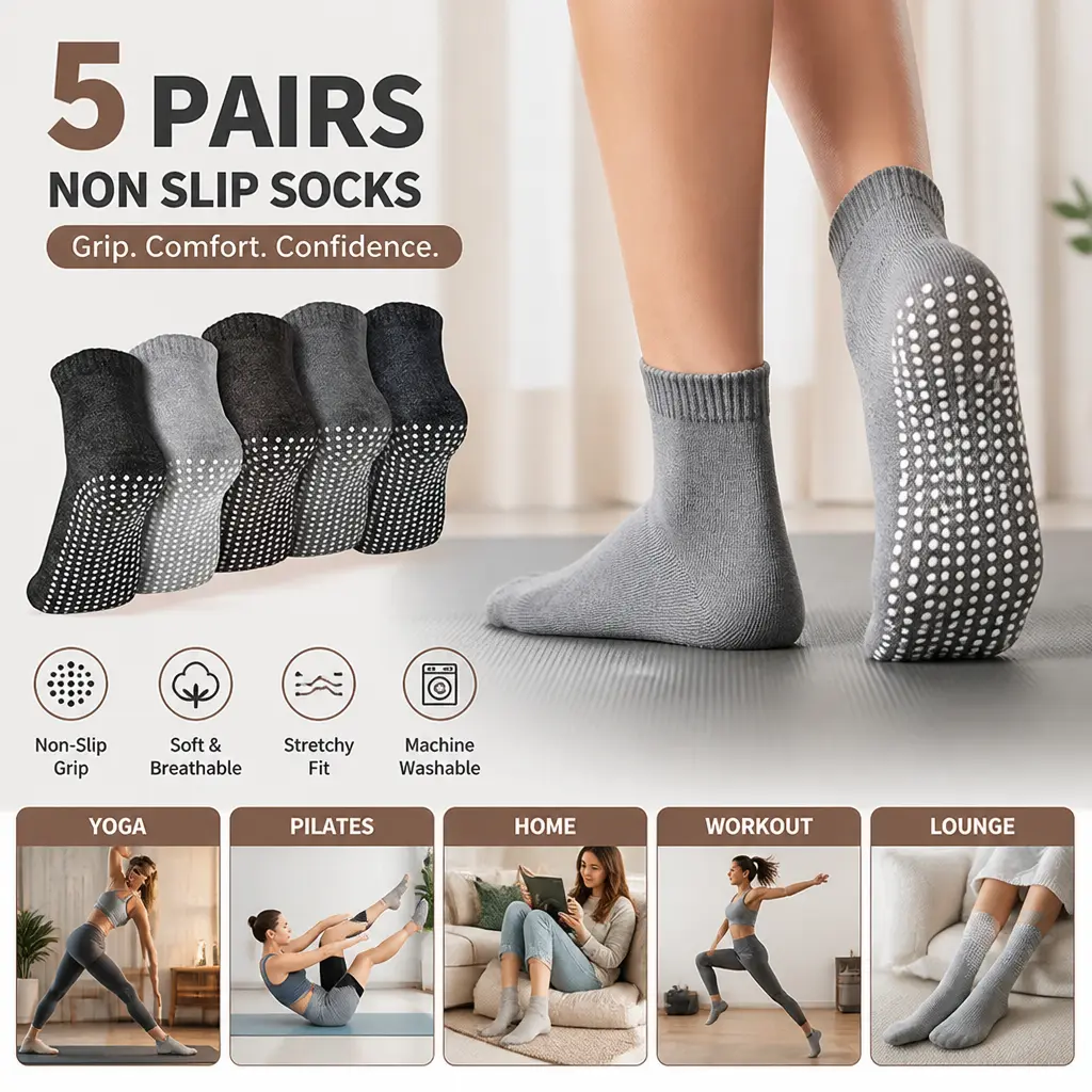 Non Slip Cotton Fiber Yoga Socks (5pcs) - Cushioned Grip, Home Workout, Machine Wash, Stretch 1 Size for Adults - Mid Year Sale Restock