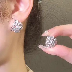 Exquisite Metal 3D Layered Diamond Silver Flower Retro Fashion Silver Earrings for Women
