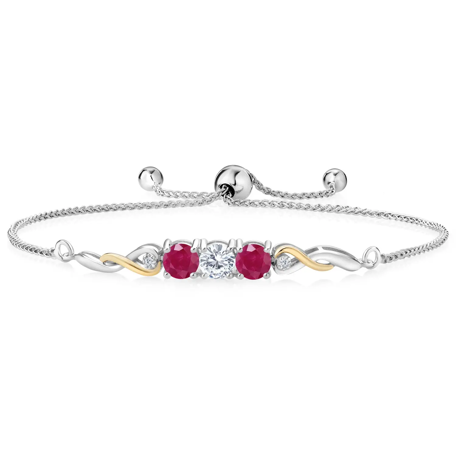 Two-Tone Gemstone Birthstone and Red Ruby and Accent Lab Grown Diamond Infinity Tennis Bracelet For Women In 925 Silver and 10K Yellow Gold | Round 5MM and 1.3MM | Fully Adjustable Up to 9 Inch
