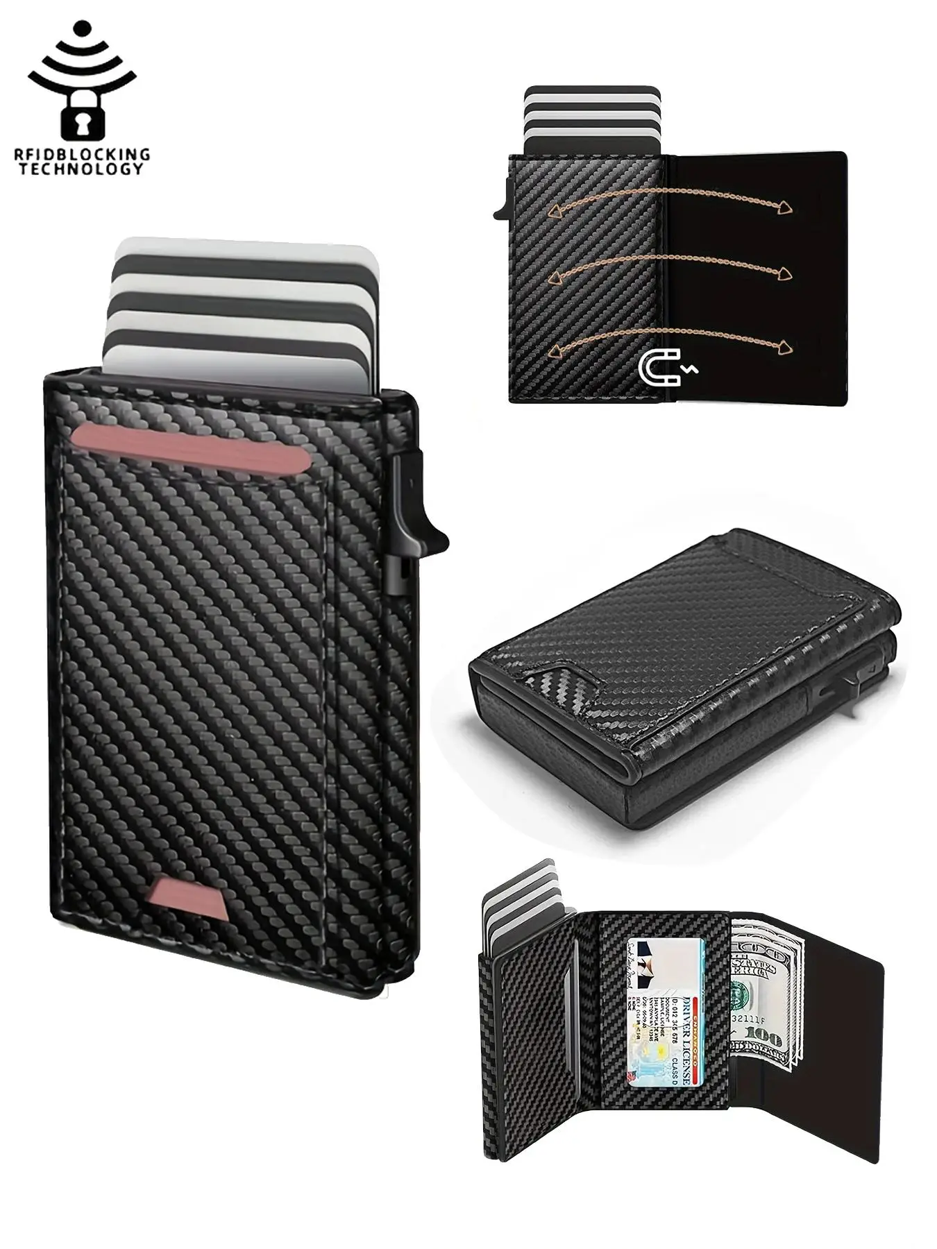 Men's Carbon Fiber Pop-up Wallet with Tracker, Boyfriend Gifts, RFID Blocking Minimalist Wallet, Large Capacity Id Window, Cash Slot Magnetic Closure