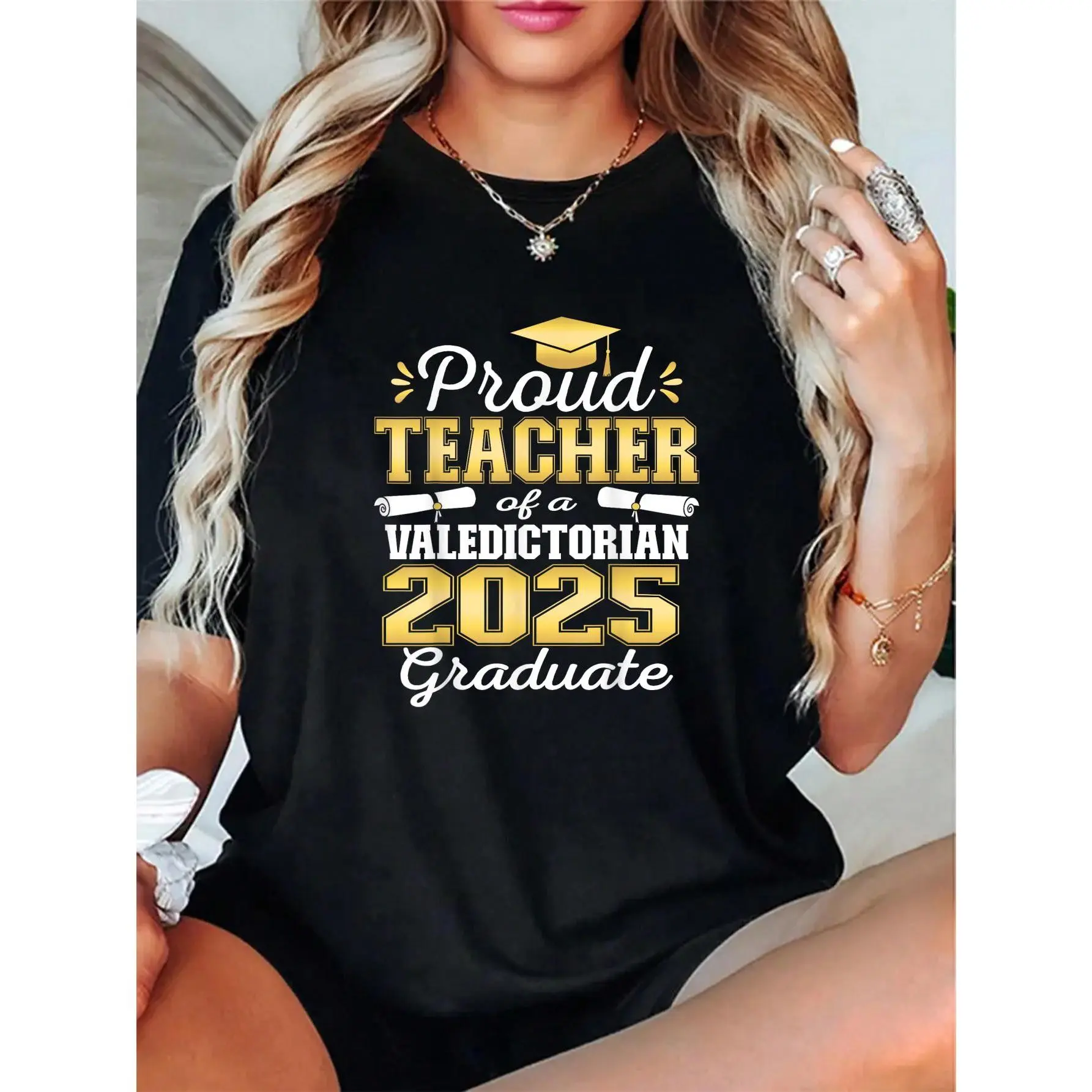 Women's 100% Cotton Short-Sleeve Round Neck T-Shirt - Unisex Proud 2025 Valedictorian Graduate Teacher Vibe, Love-Inspired Keep Going Digital Print, 2XL 3XL 4XL, Breathable Comfy Everyday Casual Top