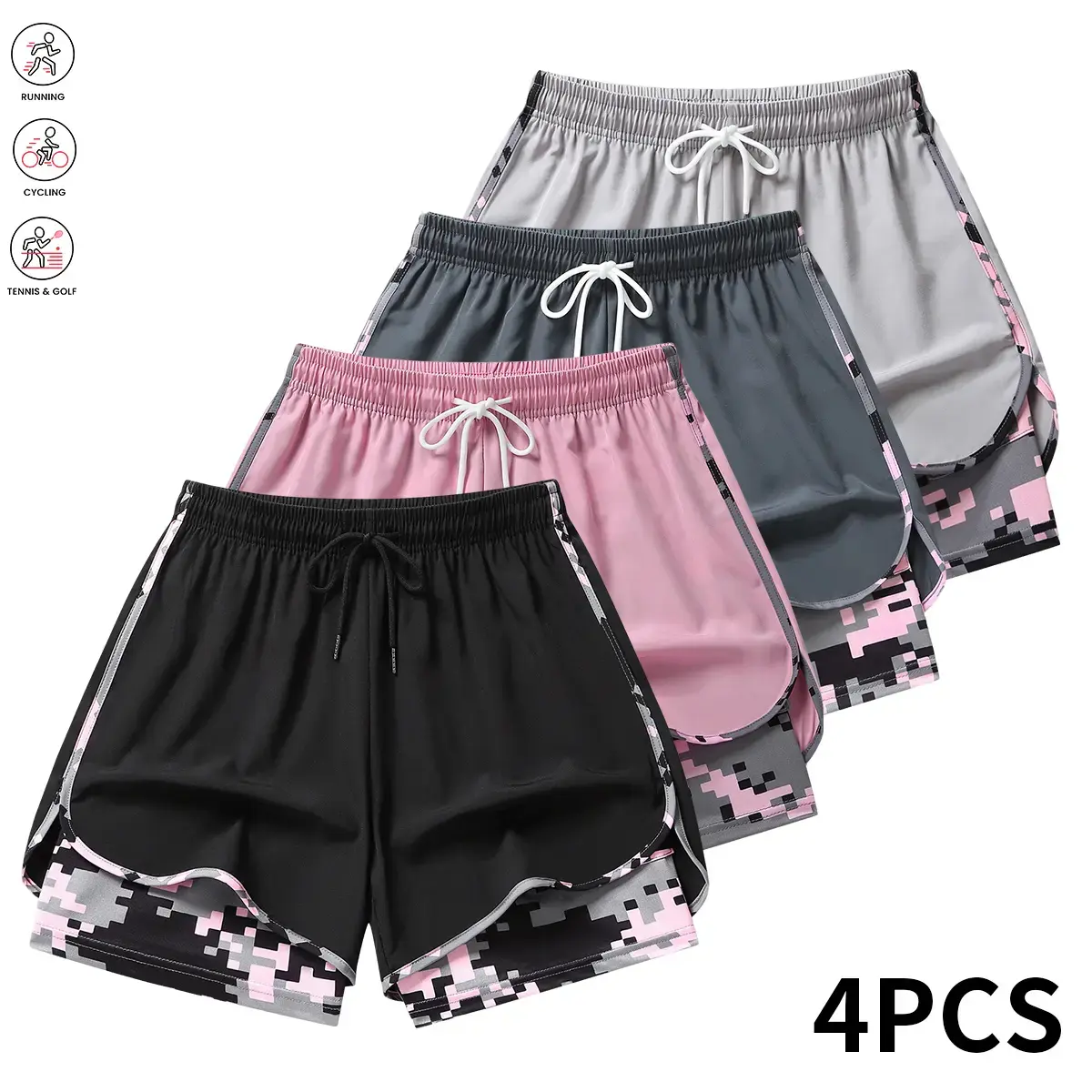 Pack of 4 women’s casual athletic shorts with built-in liner, drawstring, elastic waistband; suitable for outdoor sports, fitness, running, and casual wear; women’s shorts, athletic shorts, womenswear, Mid Waist, Polyester Fabric