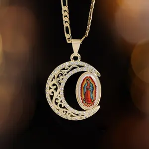 Necklace of The Pendant with a Moon Design, Featuring a Decorative Figaro Chain. This Elegant And Stylish Jewelry Gift Is Suitable for Both Women and Men, Serving As a Unique Religious Symbol That Complements Casual Outfits.