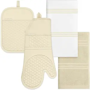 Oven Mitt and Pot Holders Sets, Quilted Cotton Terry Cloth,Non-Slip Pot Holder, Silicone Oven Mitt Heat Resistant, Oven Mittens 7.3"x14.2", Hot Pad 7"x10" & Dish Cloths 13"x25" Bakeware