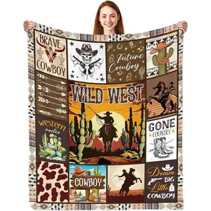 Western Cowboy Throw Blanket, Vintage Wild West Print Soft Flannel Blanket Rustic Country Native American Gifts Blanket for West Cowboy Lovers Adults Kid Bed Couch Travel Decor