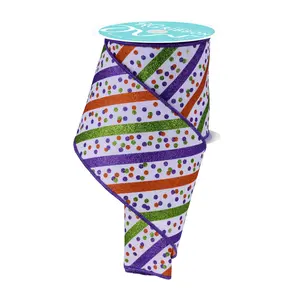 4"X10Yd Glitter Stripe W/Confetti Dots White/Purple/Lime/Orange RGF1994ES