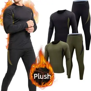 Men's Thermal Underwear Sets Top & Long Johns Fleece Sweat Quick Drying Thermo Base Layer Plush Comfort for Cold Weather Menswear Soft Activewear Athletic Black Crewneck
