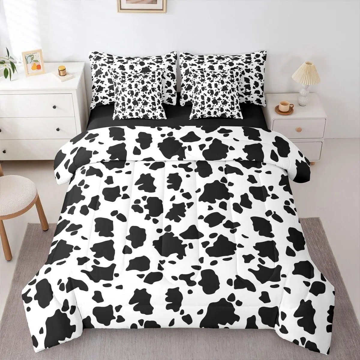 Western Cow Print Comforter Set 7 Pieces Western Farmhouse Rustic Bedding Set Boys Girls Animal Cowhide Bed in a Bag with Comforter,Sheets,Pillowcases,Cushion Covers