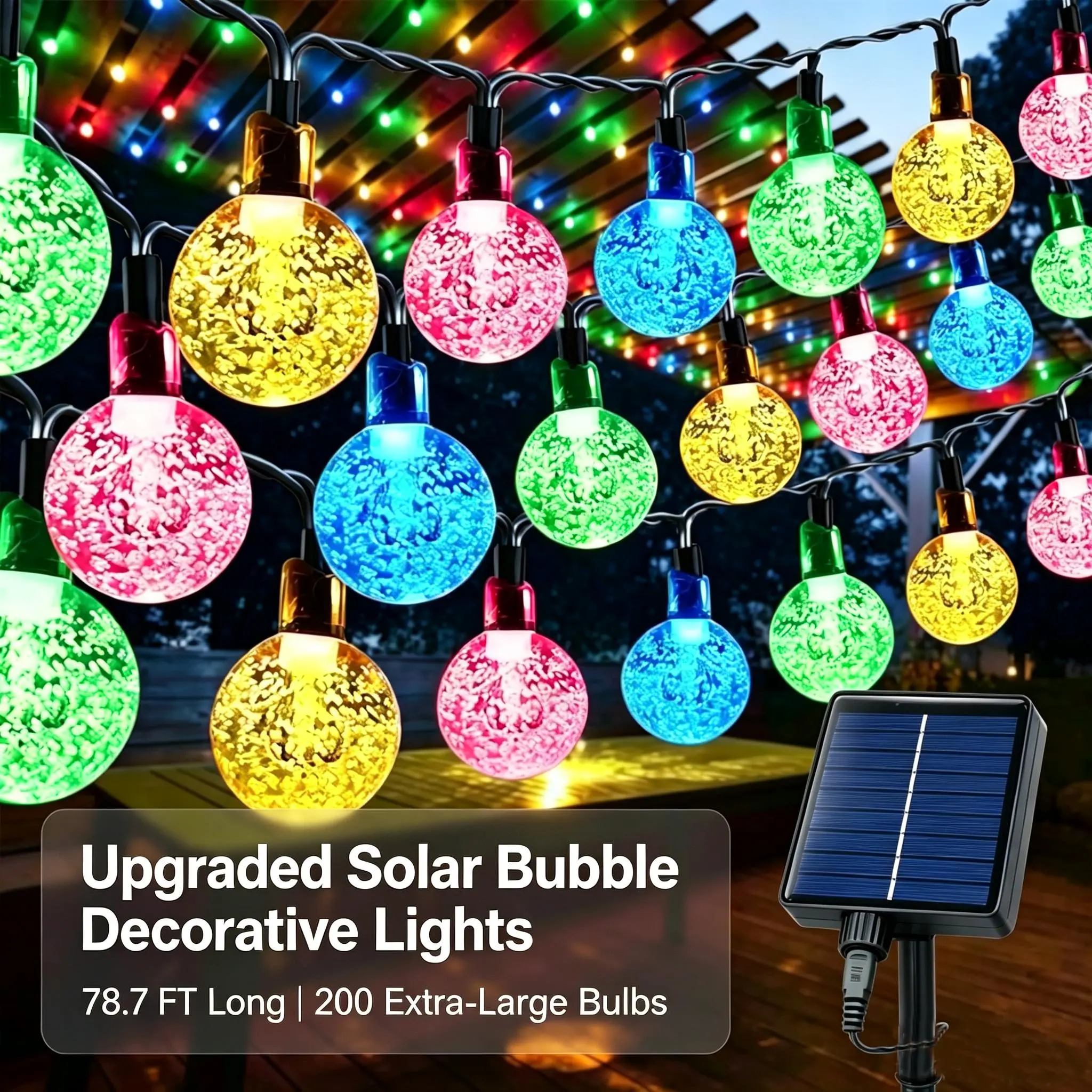 Solar Bubble String Lights - 78.7 ft, 200 Bubbles, 2 Lighting Options (Warm White, Multicolor), 8 Light Modes, Solar+USB Dual Power, IP65 Waterproof, Remote Timer, Outdoor Decor for Gardens, Weddings, Holidays