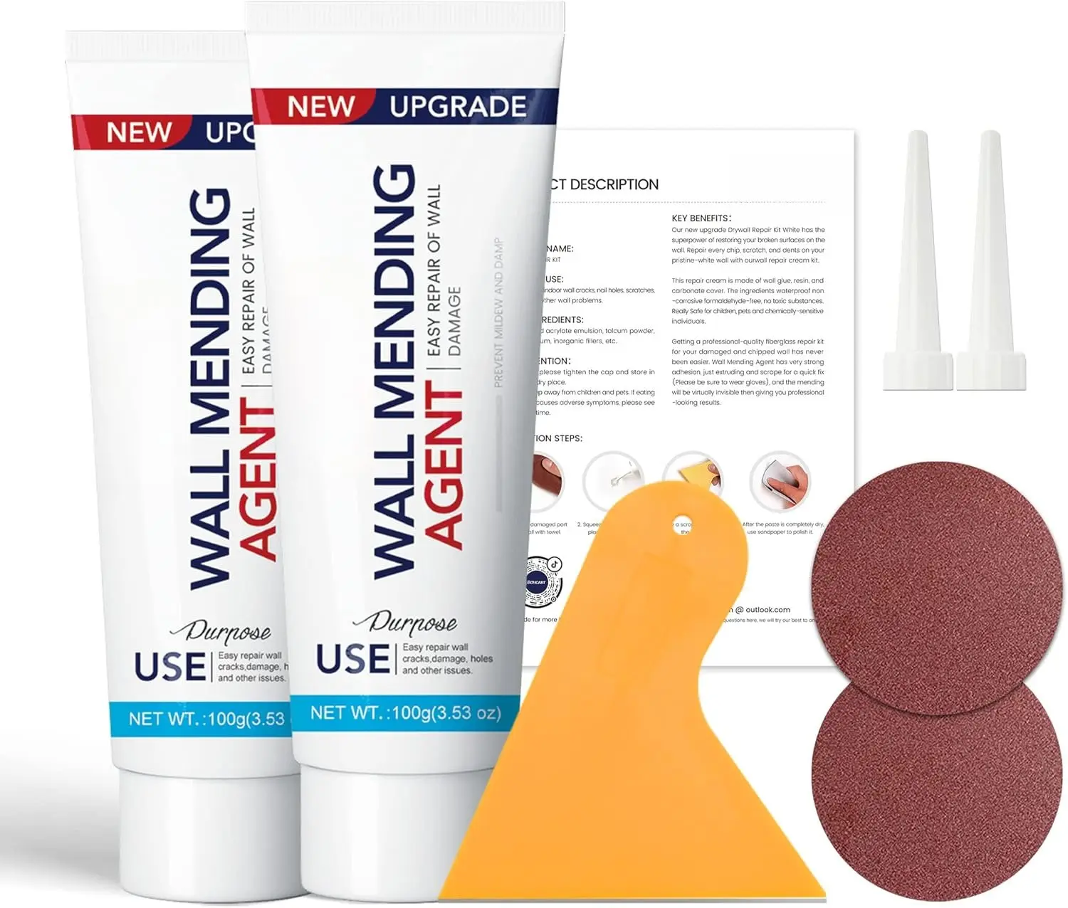 Drywall Repair Kit,2 Pack Wall Mending Agent,Wall Spackle with Scraper, Wall Surface Hole Fill Quick and Easy Solution