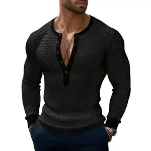 INCERUN Men's Breathable Long Sleeve Plain Henley Top - Casual Mesh See-Through Streetwear Outfits, Y2000 Rave Festival Clubwear Sheer Menswear Shirt