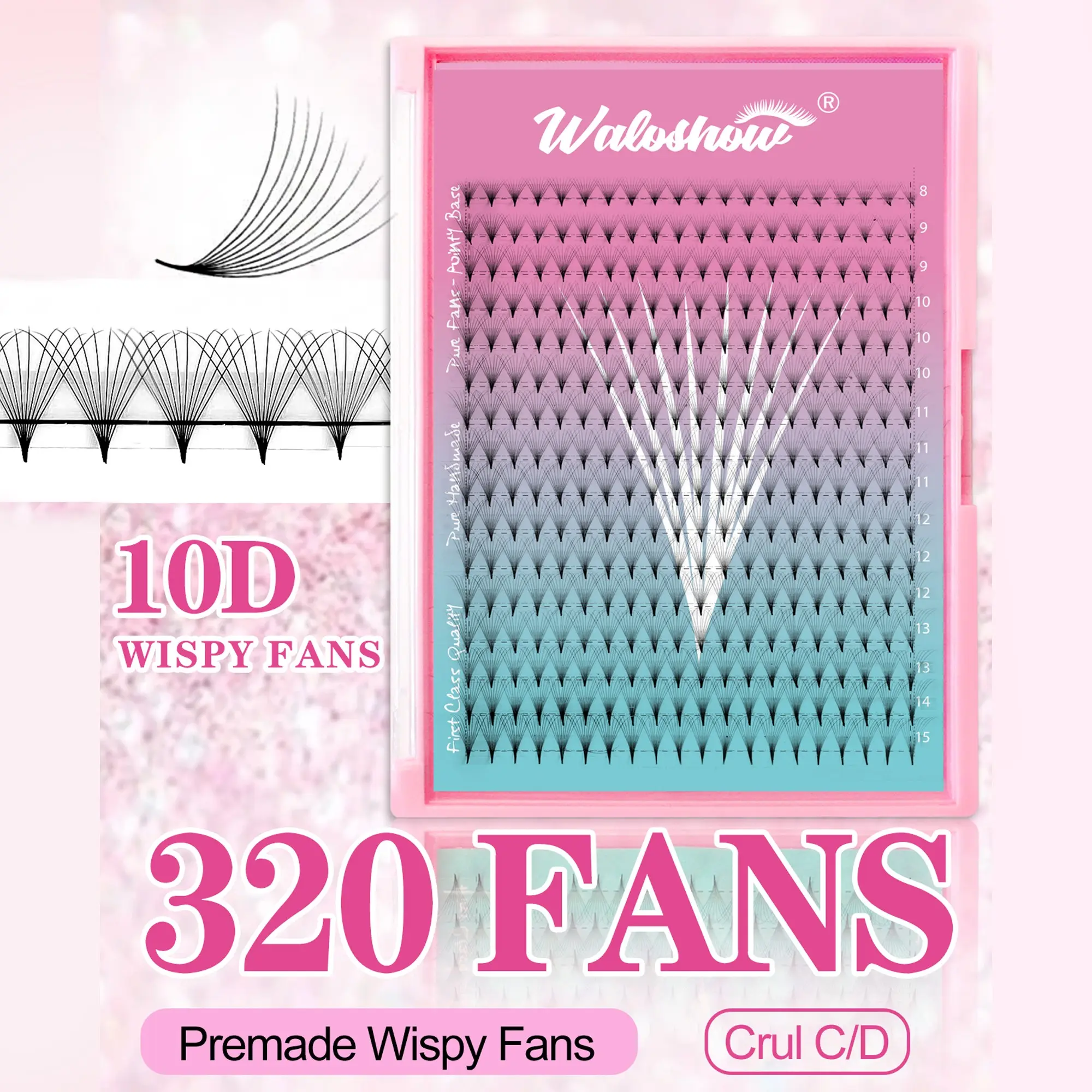 320 Piece False Eyelashes 10D Pointed Pre-made Curl Extension, Mixed Lengths 8-15mm, 0.07/0.05/c/d Curvature, Curly Lashes