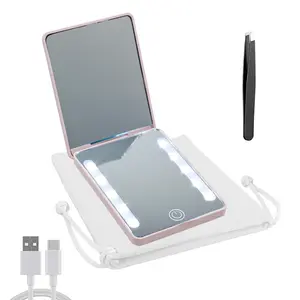 Mini Ultra-Thin LED Pocket Mirror with 3X Magnification with Eyebrow Tweezers, 3 Lighting Modes & Dimmable Light - Portable Makeup Mirror with USB Rechargeable Battery, Glass Surface & Cute Pink Case for Women, Travel, Home, On-the-Go - Ideal Gift
