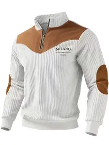 Men's Letter Pattern Print Stand Collar Pullover Sweater, Fall & Winter Warm Half Zip Patchwork Retro Streetwear Casual Fitted Sweatshirt, Casual Sporty Sweatshirt