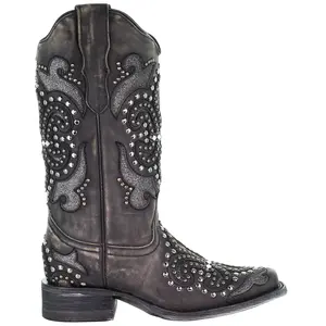 Corral Boots Womens Glitter Studded Tooled Inlay Snip Toe  Dress Boots Mid Calf Low Heel 1-2" - Black