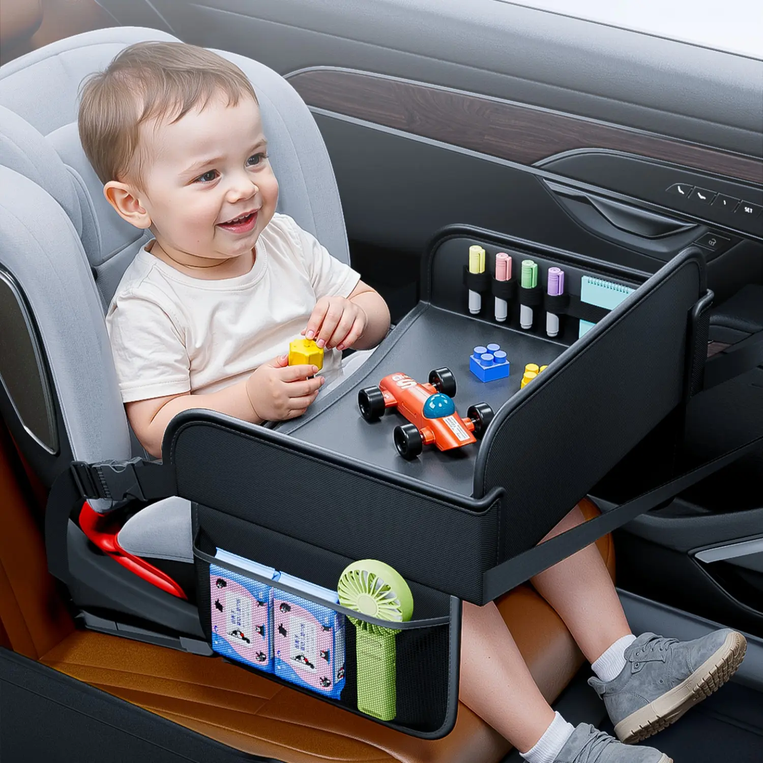 Kids Travel Tray for Toddler Car Seat, Road Trip Activities for Kids with iPad iPhone Holder Stand & Playing Writing Board, Road Trip Essentials Accessories Lap Tray as Travel Gifts for Kid