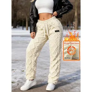 Women's double-sided velvet diamond grid pattern drawstring leg tied casual pants Autumn and winter thick warm plush loose straight leg home pants Lazy style lamb fleece drawstring high waist slimming wide leg pants