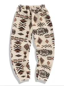 Men's ethnic pattern pocket design jacquard fleece sports pants, terry cloth drawstring sweatpants, thick warm loose casual comfortable jogging pants, suitable for autumn and winter wear, men's everyday casual pants, ethnic style clothing