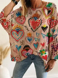 Women's Ombre Heart Cartoon Print Long Sleeve Knit Top, Casual Elegance for Spring Summer, Vacation Style, Loose Fit Batwing Shoulder Design