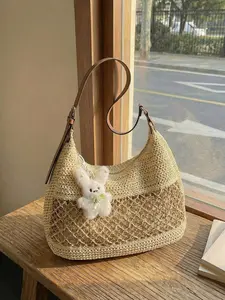 Boho Style Woven Bag Large Capacity Beach Vacation Sandbag Hollow Out Shoulder Crossbody Bag, Casual Hollow Out Woven Bag for Women, Hollow Out Design