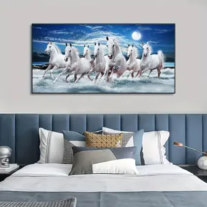 Unframed Canvas Poster - Modern Art White Horse Running Under The Moon, Oil Painting for Bedroom, Living Room, Wall Decor, Winter Decor Print Photo Decoration Artistic
