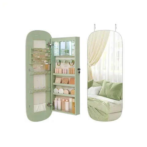 【Springtok】SONGMICS Modern LED Jewelry Organizer Cabinet - Wall-Mountable MDF+Velvet Home Good with Key Lock, Rounded Wide Mirror, Hidden Compartments, Storage Jewelry Boxes & Organizers, Perfect Gift Vanity Accessory