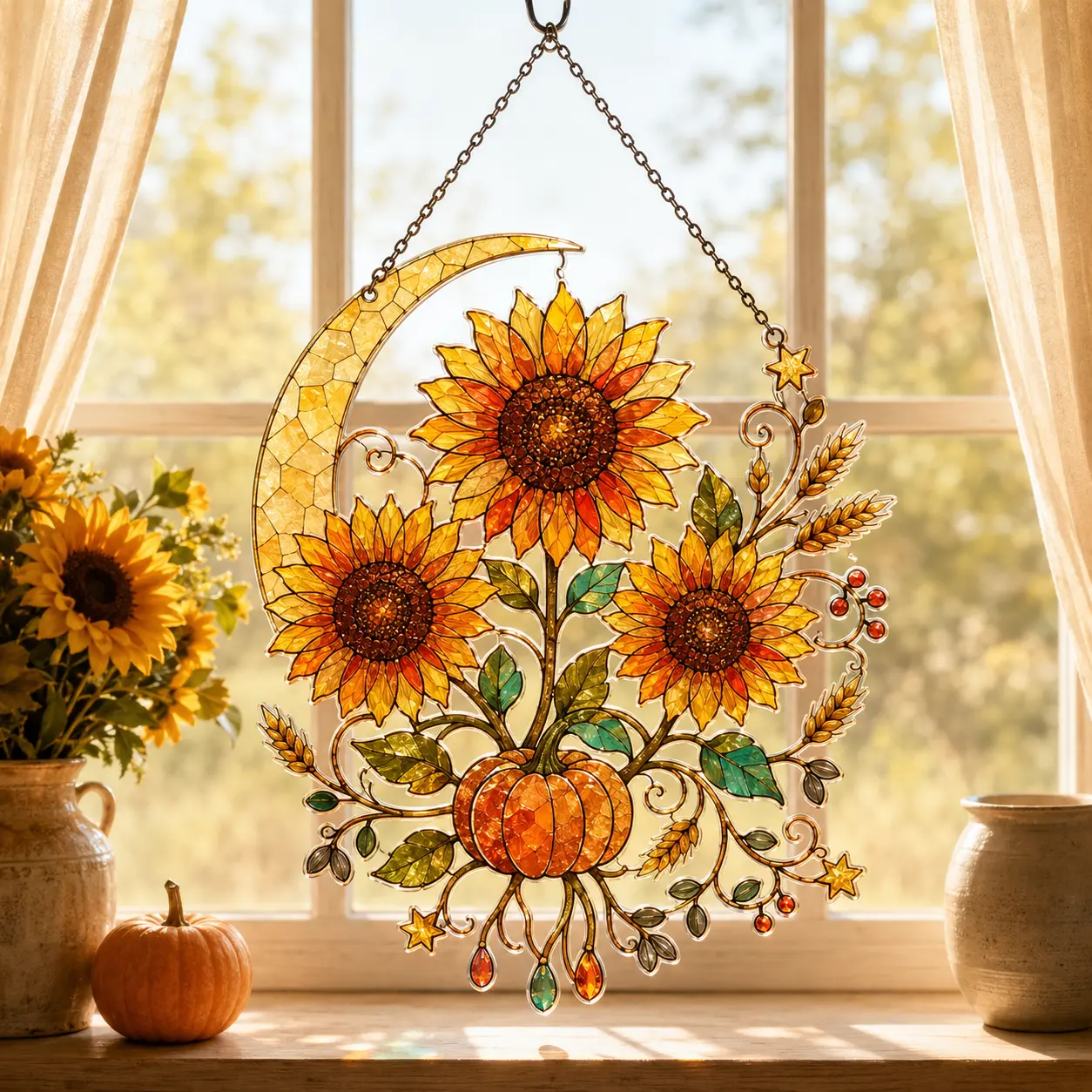 Autumn Sunflower Pumpkin Acrylic Suncatcher, Faux Stained Glass Window Hanging, Crescent Moon Fall Harvest Decor