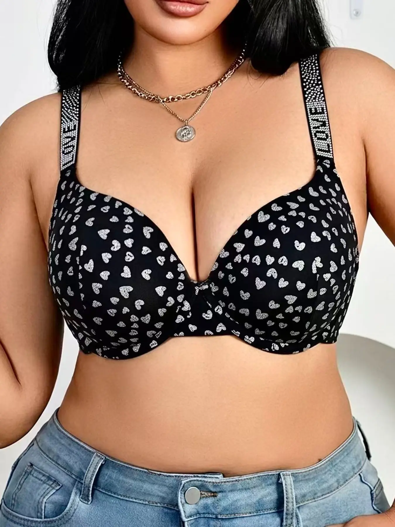 Plus Size Heart Print Push-Up Bra with Rhinestone "love" Straps, Bras with Underwire Support, Comfortable & Stylish Cute Lingerie for Women, Everyday