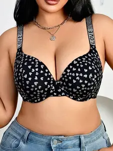 Plus Size Heart Print Push-Up Bra with Rhinestone "love" Straps, Underwire Support, Comfortable & Stylish Cute Lingerie for Women, Everyday