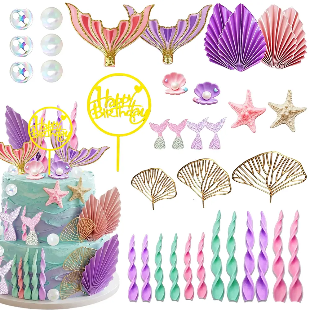 1 Set Mermaid Cake Topper for Mermaid Under the sea Cake Decor Big Mermaid Tails Seaweed Bubbles Shells Golden Ginkgo Leaves Cake Set
