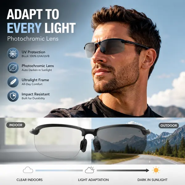 Unisex Polarized Lenses Sunglasses with Metal Frame & Photochromatic Lens, Geometric Shades, Ergonomic-Fit Motorcycle Protective Gear for UV Protection, Black Frame, Rectangle