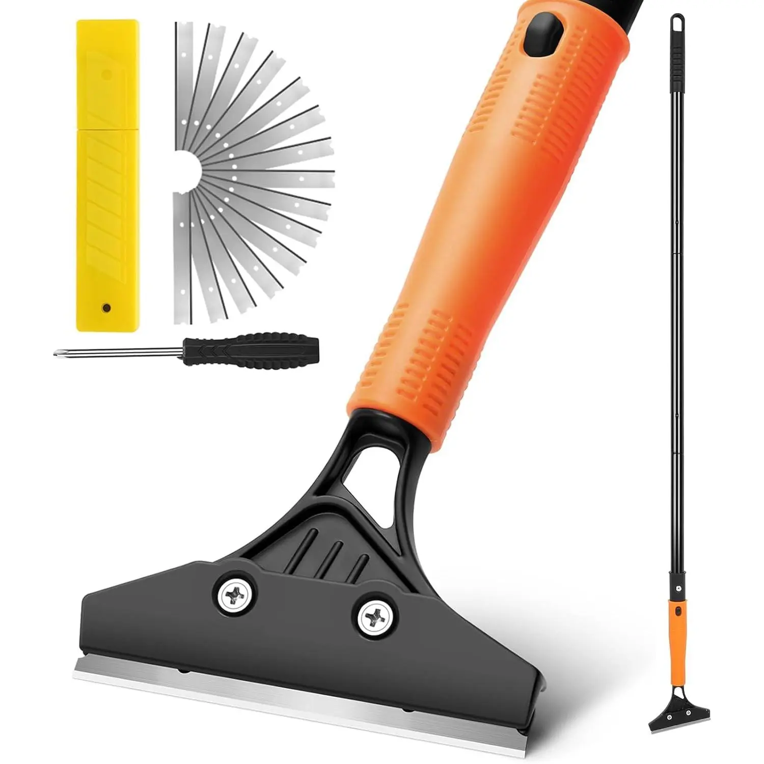 Razor  Floor Scraper with Long Handle, 4 Inch Floor Scraper Tools Heavy Duty with 10 count Extra Metal , Scrapers for Cleaning Wall Glass Floor  Gum Stains Stickers Linoleum