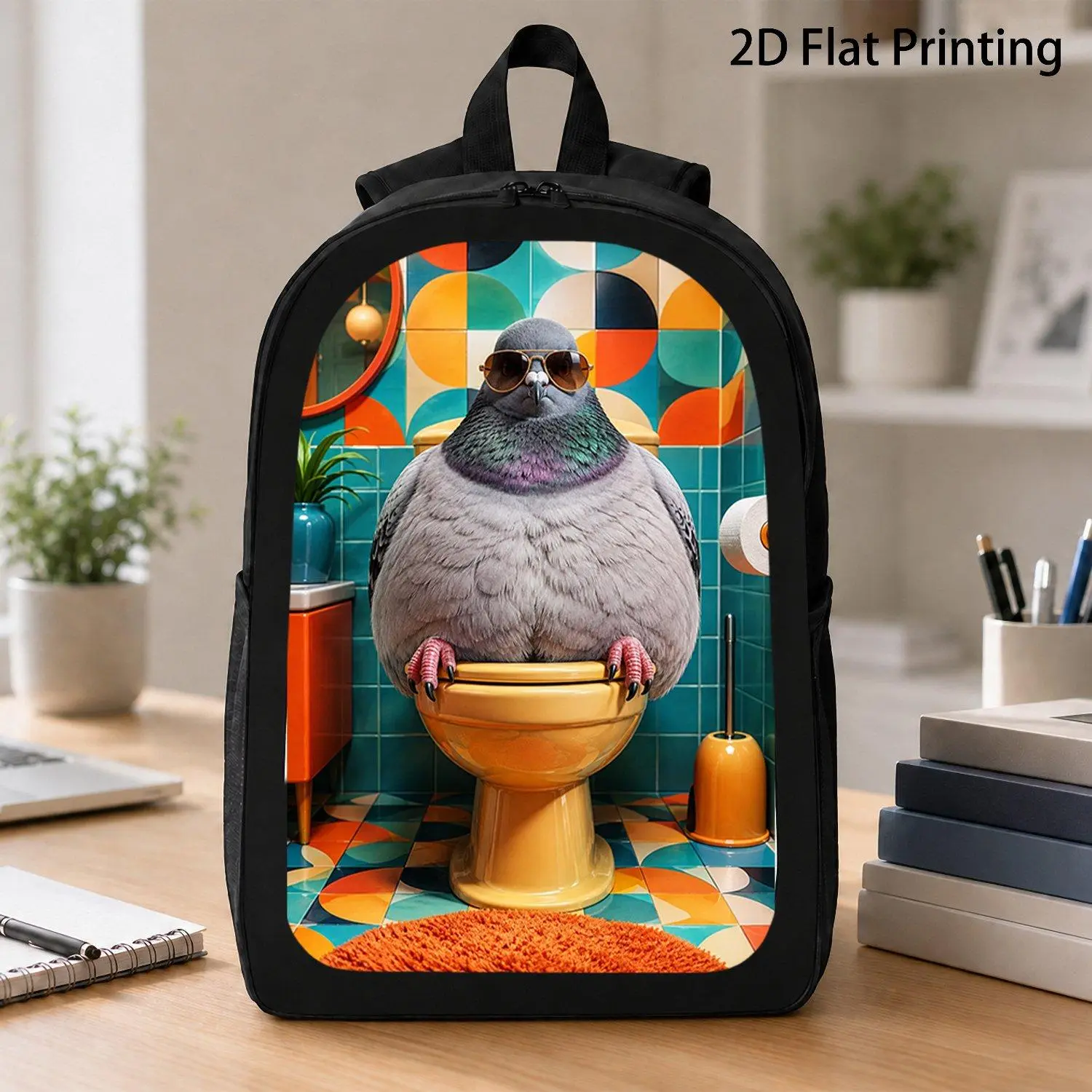 17 Inch Backpack Lightweight School Travel Laptop Bag Retro Style Graphic Featuring Pigeon Wearing Shades On Yellow Toilet Bird Art Casual Everyday Backpack Gift