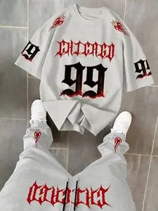 Men's Short Sleeve T-Shirt Long Pants Set, Printed Round Neck Tee + Versatile Drawstring Loose Casual Sporty Pants, Spring & Fall Outdoor Leisure Suit Clothes