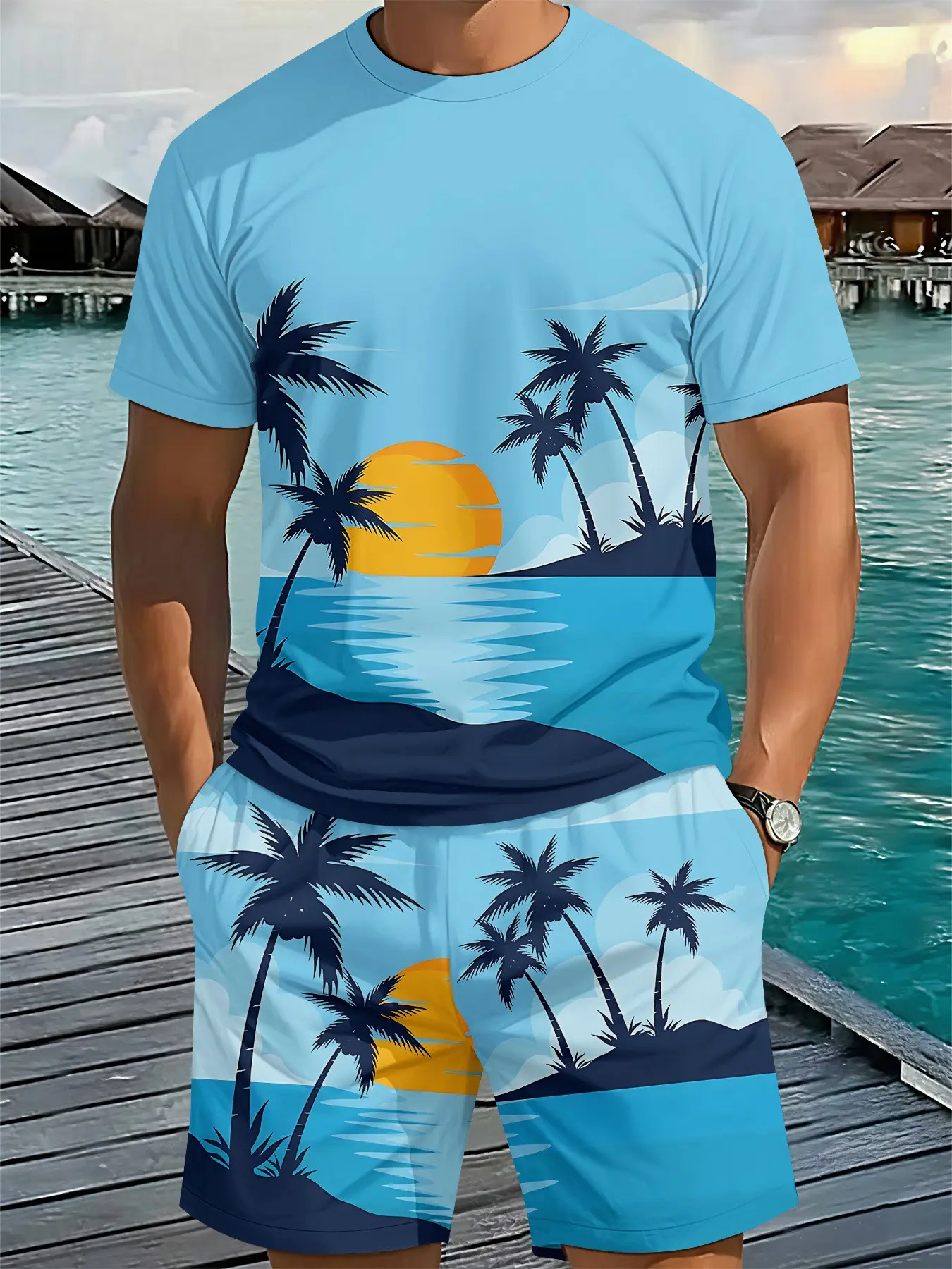 Men's Tropical Graphic Print Clothing Set, Menswear, Summer Beach Short Sleeve Round Neck Tee and Shorts, Loose-Fit Casual for Vacation, Two-Piece Ensemble