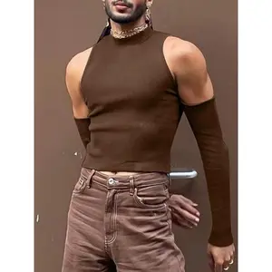Men's Slim Fit Cold Shoulder Mock Neck Crop Tank Top, Cut Out Long Sleeve T-shirt, Minimalist Basic Comfort Menswear for Spring Fall Daily Wear