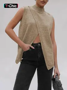 Women's Solid Color Mock Neck Sweater Vest, Casual Sleeveless Jumper Vest for Daily Wear, Ladies Knitwear for Fall & Winter, Tops, Sleeveless Vests