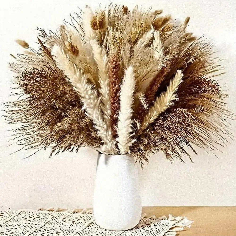 Large Size Natural Dried Cortaderia Selloana Mixed Dried Blooms Bouquet - 1 Set Neutral Tones Eternal Flower Bouquet, Floral Decor, Decorative Flower Pieces Full Arrangement for Farmhouse Home Accent, Wedding Table Accent, Flower Design Decorations, Indoo