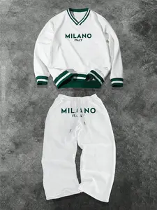 Street Casual Set Unisex Stacked Collar Sweatshirt Long Sleeve Print Pants Two-Piece Set, Colorblock, American Retro School Style