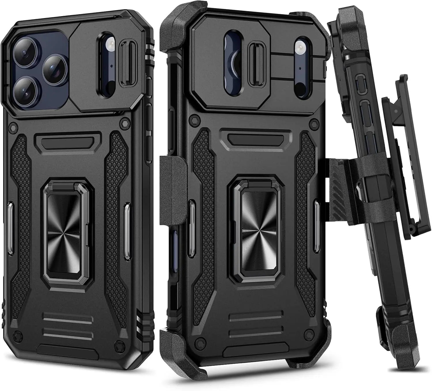 for iPhone 17 Pro Max Case with Belt Clip Holster and Kickstand Black | Slide Camera Lens Protector & Ring Kickstand Military Grade Heavy Duty Protection Cover for iPhone 17 ProMax - Black