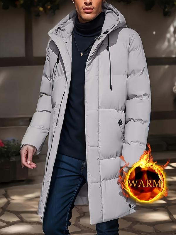 Men's long coat with hood, warm and thick polyester fiber, large pockets, zippered winter jacket, suitable for casual wear, essential for cold weather
