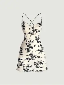 Women's Floral Pattern Criss Cross Cami Dress, Floral Formal Elegant Classy Flattering Dresses Sleeveless Spaghetti Strap Dress for Party Holiday Wedding Guest, Ladies Clothes for Summer
