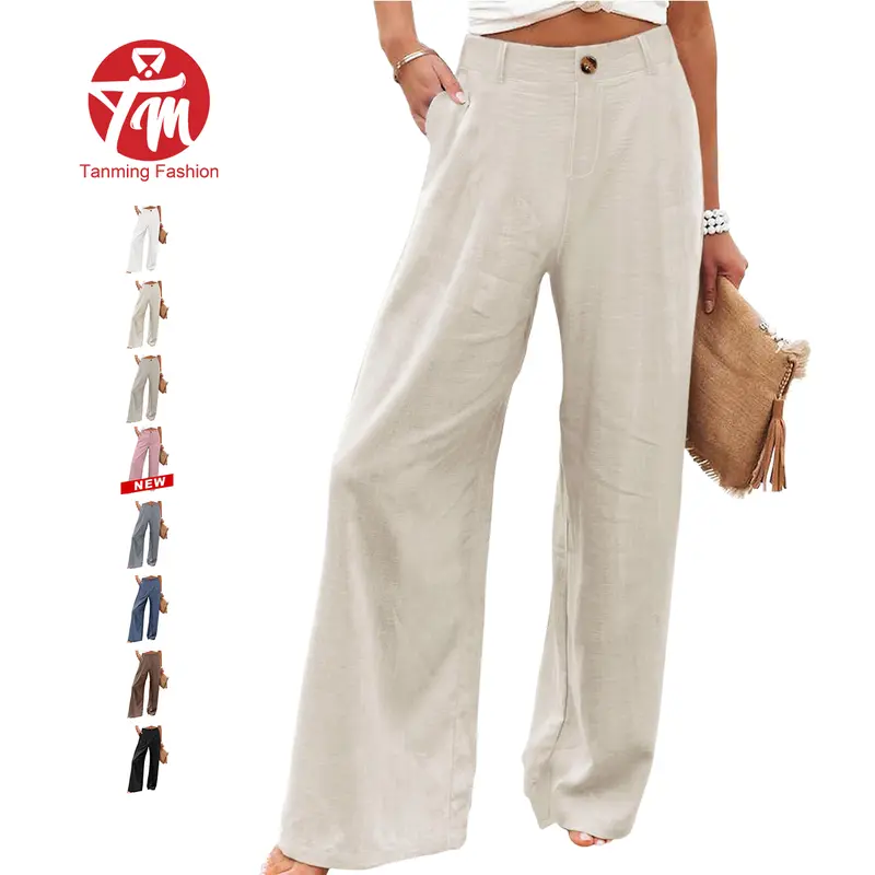 Tanming Womens Cotton Linen Pants Casual Button Up High Waisted Wide Leg Trousers with Pockets - Spring Summer Fall Daily Office Vacation