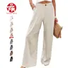 Tanming Womens Cotton Linen Pants Casual Button Up High Waisted Wide Leg Trousers with Pockets - Spring Summer Fall Daily Office Vacation