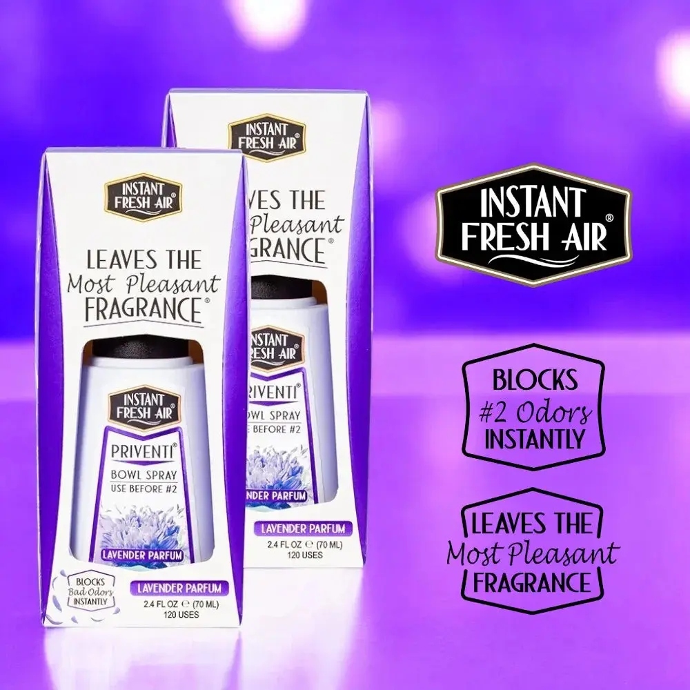 Signature PRIVENTI Lavender Parfum Scent, 2.4 Oz 70 Ml Pack of 2 Toilet Bowl Spray Deodorizer Odor Eliminator for Home Work On the Go - from INSTANT FRESH AIR.