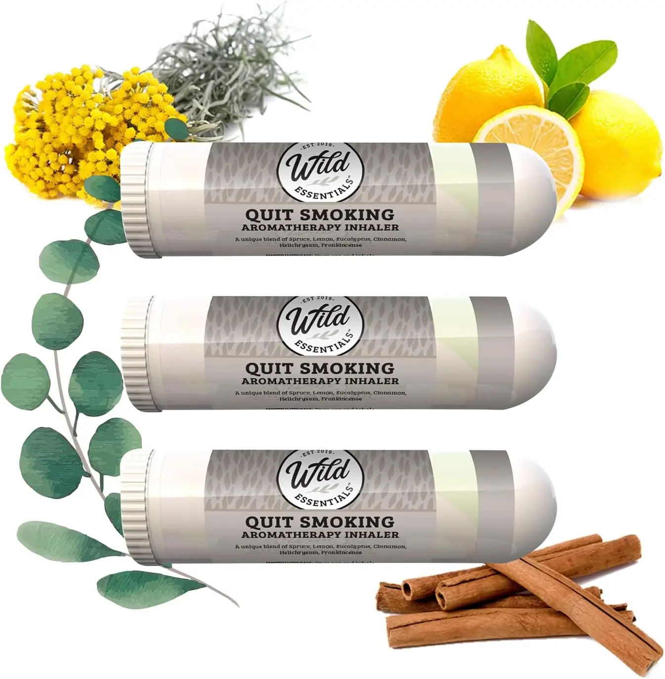 Wild Essentials 3 Pack of Quit Smoking Aromatherapy Nasal Inhalers with All Natural Essential Oils for Smoking Cessation Made in USA - Wellness, Herba